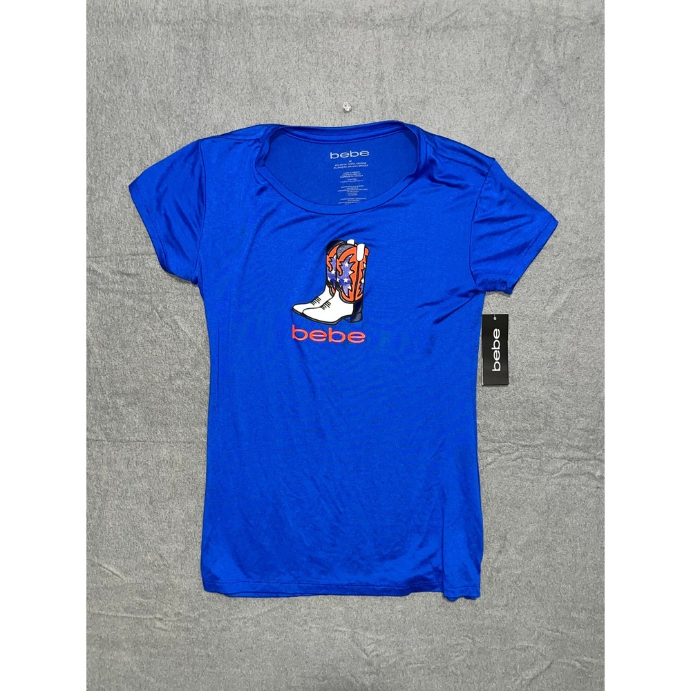 Bebe Womens Royal Blue Cowboy Boot Graphic Tee Short Sleeve Scoop Neck NWT Med